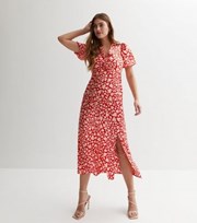New Look Red Heart Print Satin Twist Knot Split Hem Midi Dress